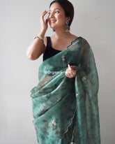 Mahi  Blue-grey Cut & Pearls Work Pure Organza